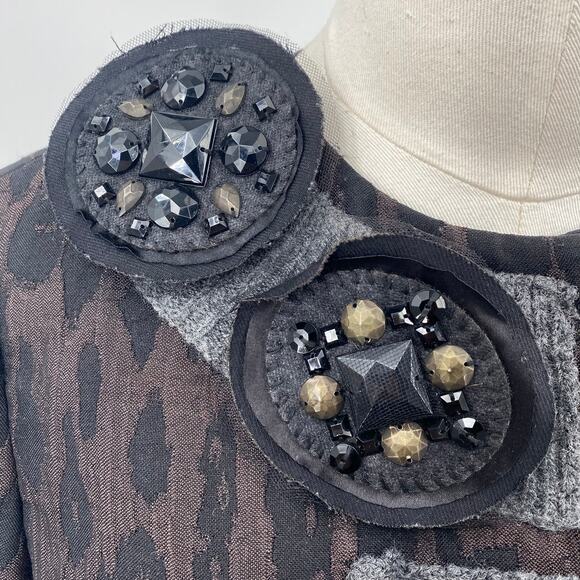 BCBGMAXAZRIA Blazer Convertible Jeweled Pins Wool Knit Trim Leopard Womens XS - Picture 4 of 15